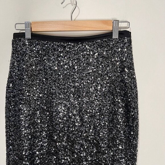 EXPRESS Black Silver Sequins Midi Pencil Skirt Size 4 - Picture 3 of 12